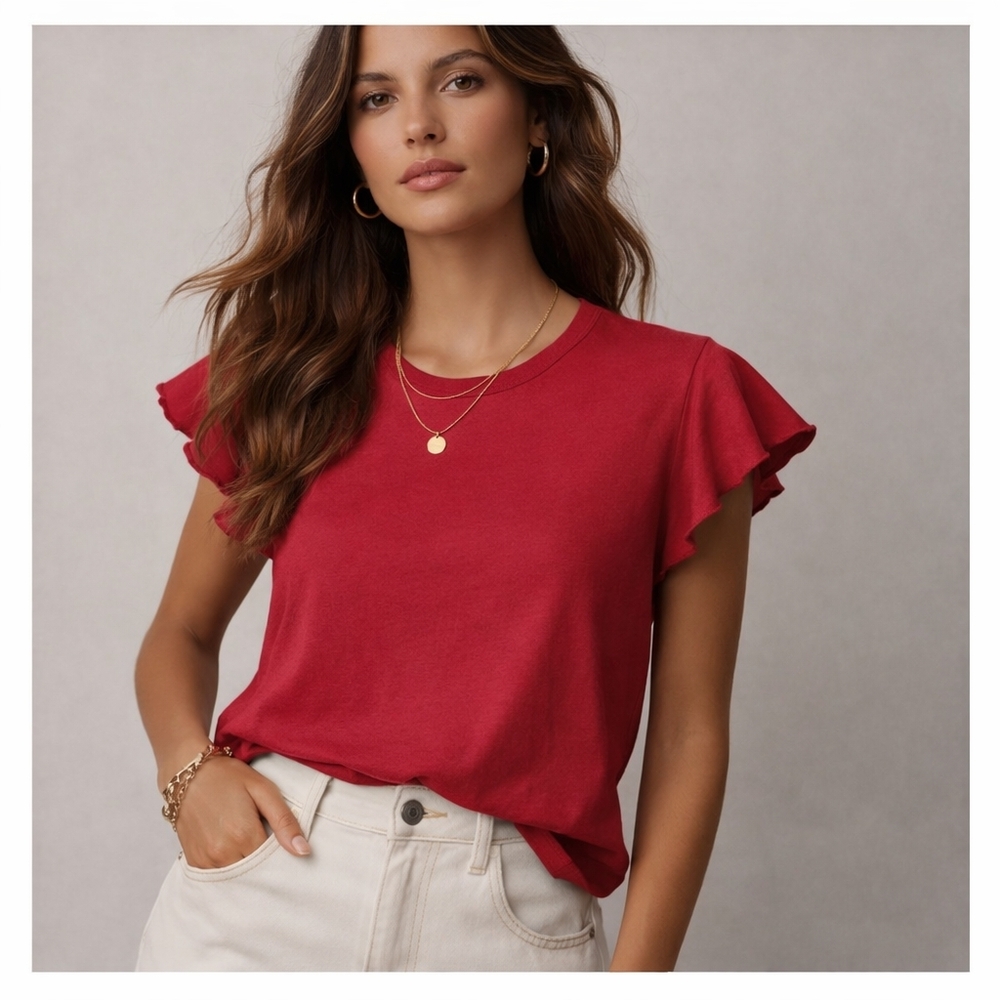 AMOβ Women's Distressed Edges Flutter Sleeve T Shirt LARGE USA MADE Cotton